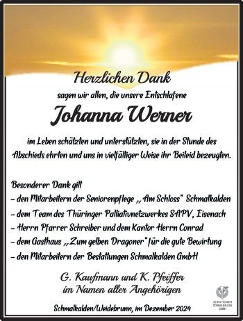 Traueranzeige von Johanna Werner von Südthüringer Presse