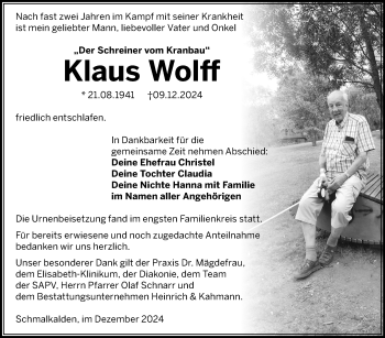 Traueranzeige von Klaus Wolff von Südthüringer Presse