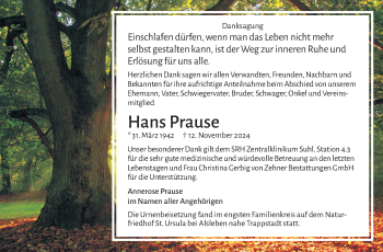 Traueranzeige von Hans Prause von Südthüringer Presse
