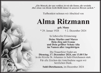 Traueranzeige von Alma Ritzmann von Südthüringer Presse
