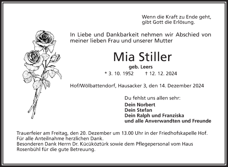  Traueranzeige für Mia Stiller vom 14.12.2024 aus Frankenpost