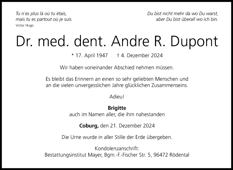  Traueranzeige für Andre Dupont vom 21.12.2024 aus Neue Presse Coburg