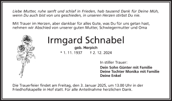 Traueranzeige von Irmgard Schnabel von Frankenpost