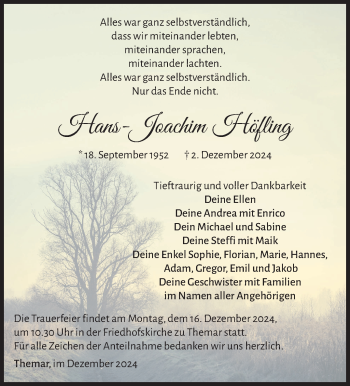 Traueranzeige von Hans-Joachim Höfling von Südthüringer Presse