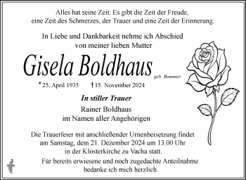 Traueranzeige von Gisela Boldhaus von Südthüringer Presse
