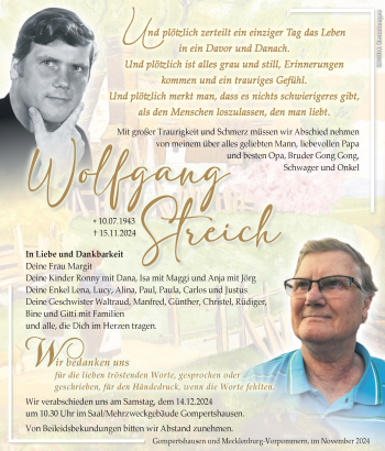 Traueranzeige von Wolfgang Streich von Südthüringer Presse