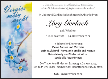 Traueranzeige von Lory Gerlach von Südthüringer Presse