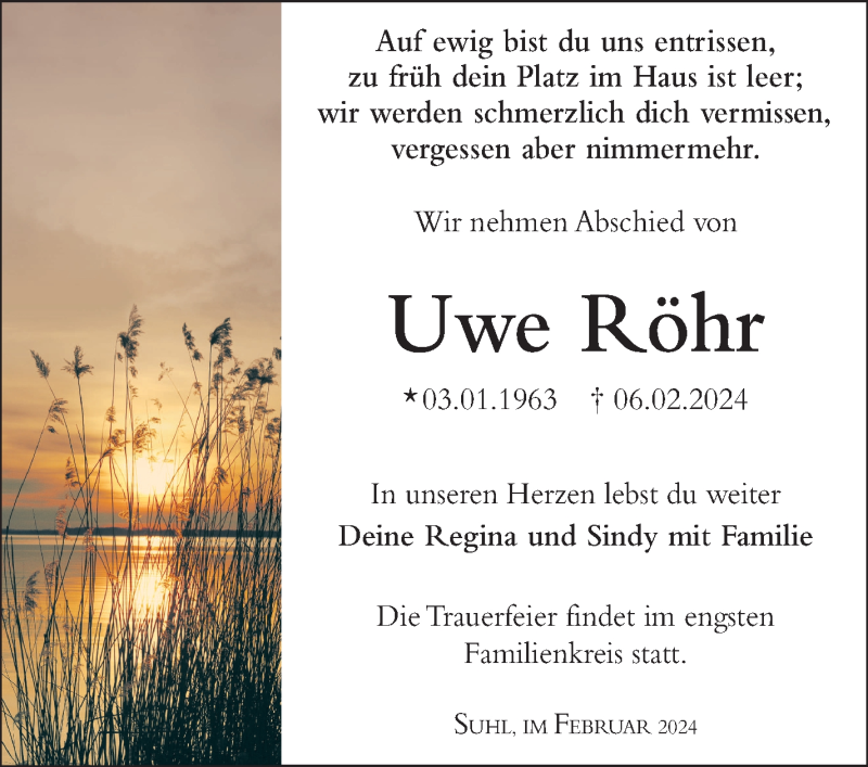  Traueranzeige für Uwe Röhr vom 24.02.2024 aus Südthüringer Presse