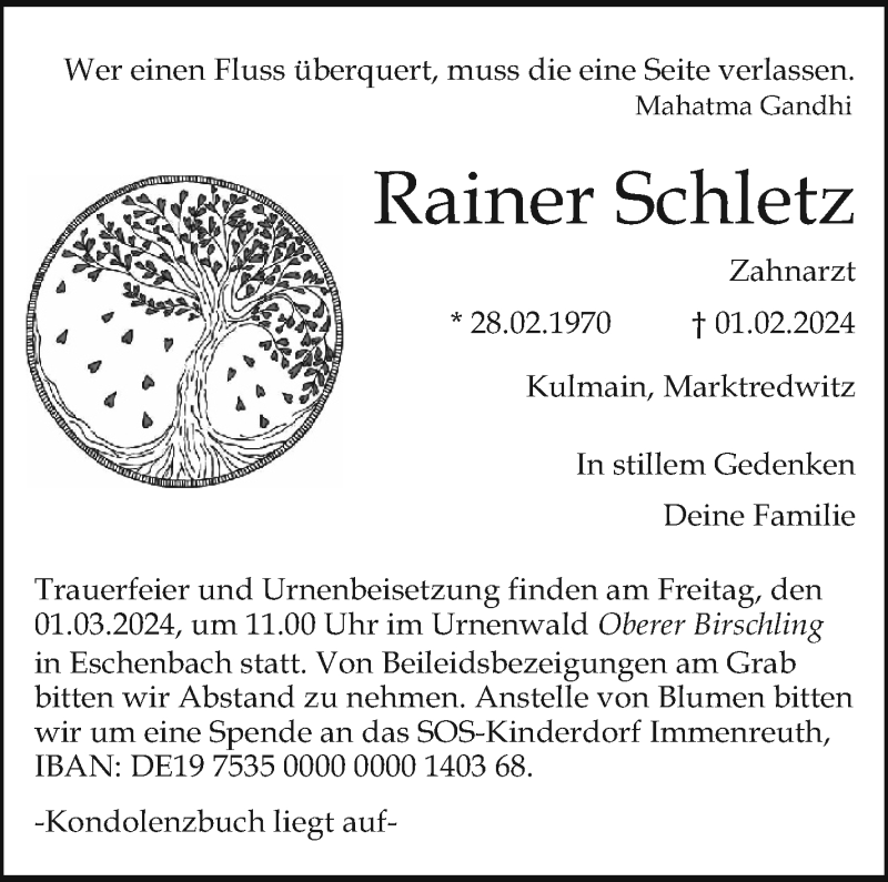  Traueranzeige für Rainer Schletz vom 24.02.2024 aus Südthüringer Presse