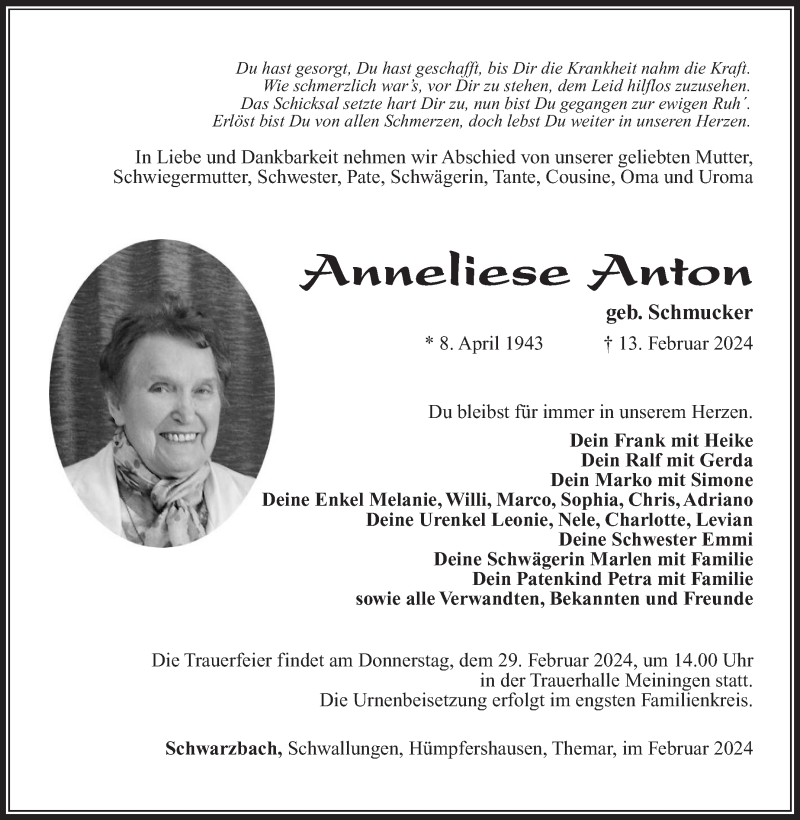  Traueranzeige für Anneliese Anton vom 24.02.2024 aus Südthüringer Presse