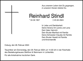 Traueranzeige von Reinhard Stindl von Neue Presse Coburg