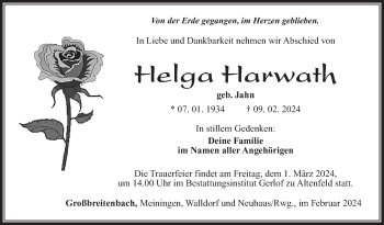 Traueranzeige von Helga Harwath von Südthüringer Presse