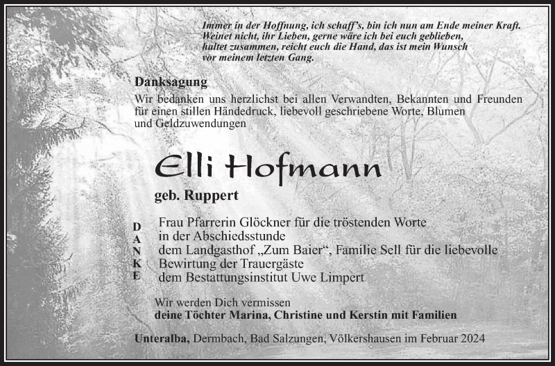  Traueranzeige für Elli Hofmann vom 24.02.2024 aus Südthüringer Presse