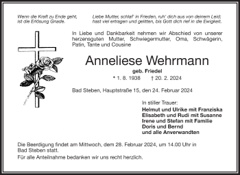Traueranzeige von Anneliese Wehrmann von Frankenpost