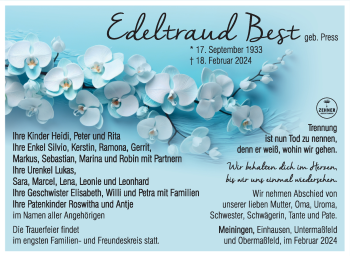 Traueranzeige von Edeltraud Best von Südthüringer Presse