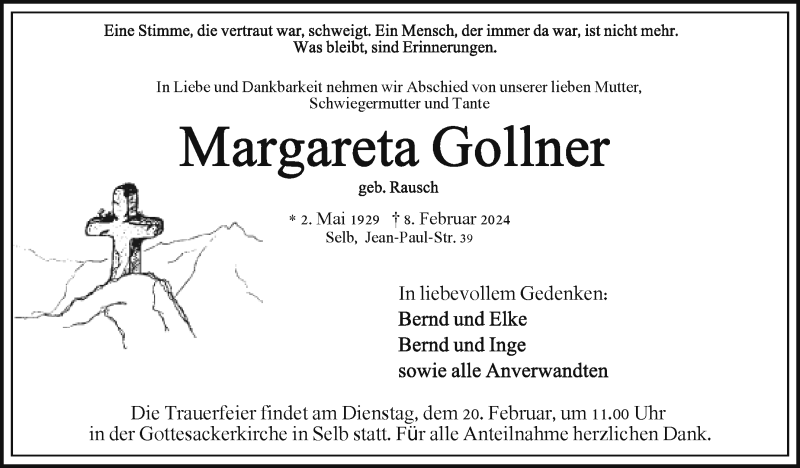  Traueranzeige für Margareta Gollner vom 17.02.2024 aus Frankenpost