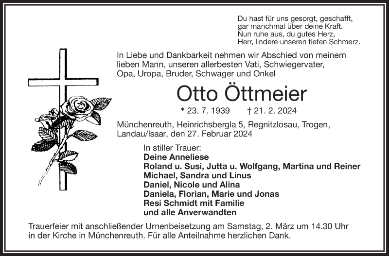  Traueranzeige für Otto Öttmeier vom 27.02.2024 aus Frankenpost