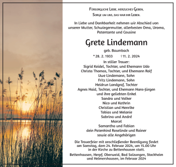 Traueranzeige von Grete Lindemann von Südthüringer Presse