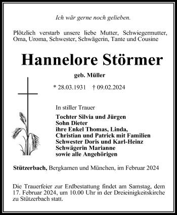Traueranzeige von Hannelore Störmer von Südthüringer Presse