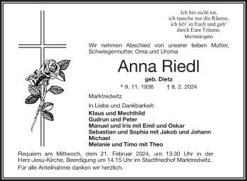 Traueranzeige von Anna Riedl von Frankenpost