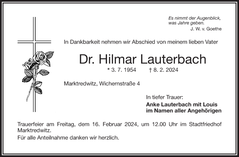  Traueranzeige für Hilmar Lauterbach vom 13.02.2024 aus Frankenpost