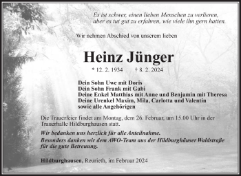 Traueranzeige von Heinz Jünger von Südthüringer Presse