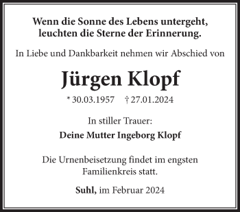 Traueranzeige von Jürgen Klopf von Südthüringer Presse