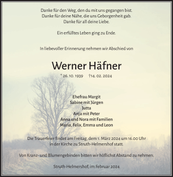 Traueranzeige von Werner Häfner von Südthüringer Presse