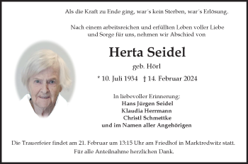 Traueranzeige von Herta Seidel von Frankenpost