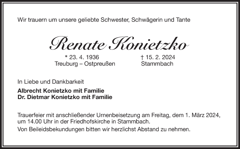  Traueranzeige für Renate Konietzko vom 24.02.2024 aus Frankenpost