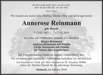 Traueranzeige von Annerose Reinmann von Südthüringer Presse