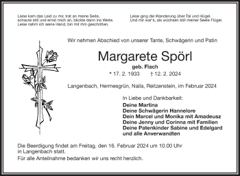 Traueranzeige von Margarete Spörl von Frankenpost