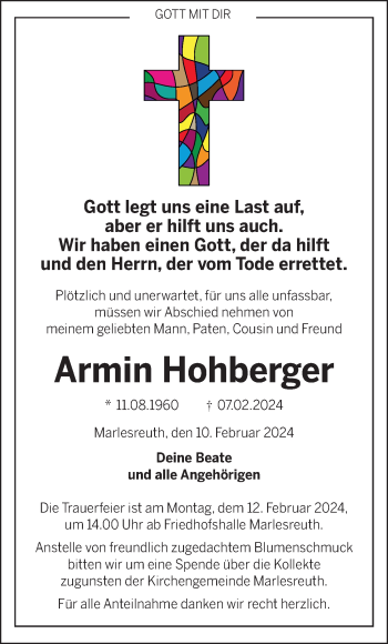 Traueranzeige von Armin Hohberger von Frankenpost