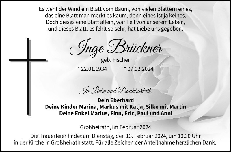  Traueranzeige für Inge Brückner vom 10.02.2024 aus Neue Presse Coburg