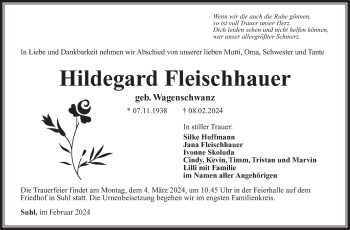 Traueranzeige von Hildegard Fleischhauer von Südthüringer Presse