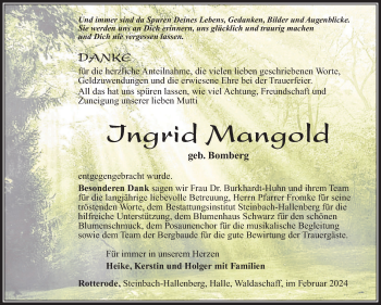 Traueranzeige von Ingrid Mangold von Südthüringer Presse