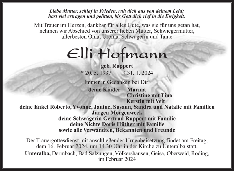  Traueranzeige für Elli Hofmann vom 13.02.2024 aus Südthüringer Presse