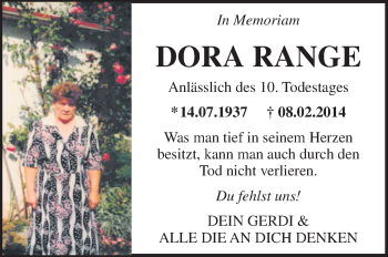Traueranzeige von Dora Range von Südthüringer Presse