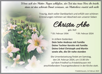 Traueranzeige von Christa Abe von Südthüringer Presse
