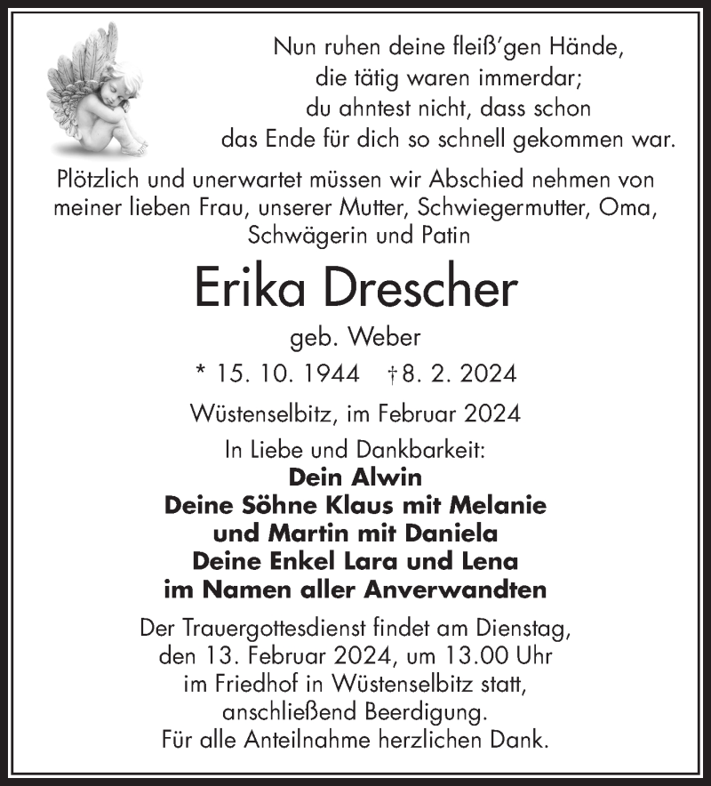  Traueranzeige für Erika Drescher vom 10.02.2024 aus Frankenpost