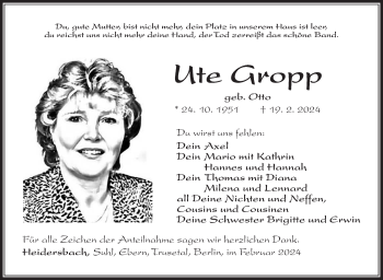 Traueranzeige von Ute Gropp von Südthüringer Presse