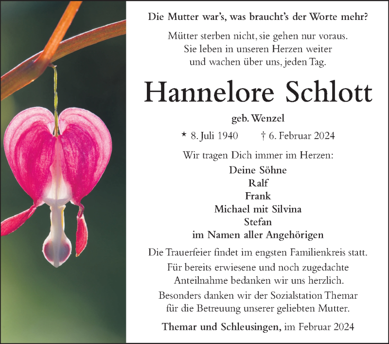  Traueranzeige für Hannelore Schlott vom 17.02.2024 aus Südthüringer Presse