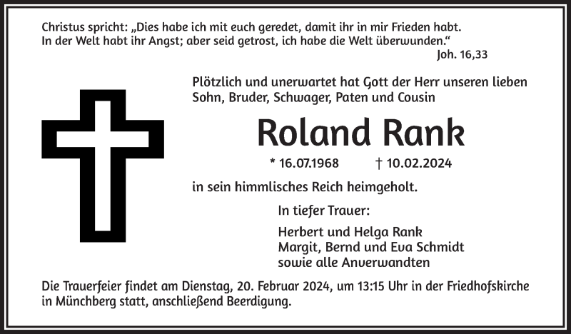  Traueranzeige für Roland Rank vom 17.02.2024 aus Frankenpost