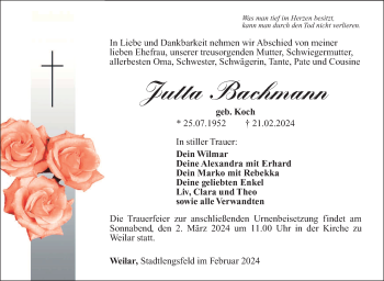 Traueranzeige von Jutta Bachmann von Südthüringer Presse
