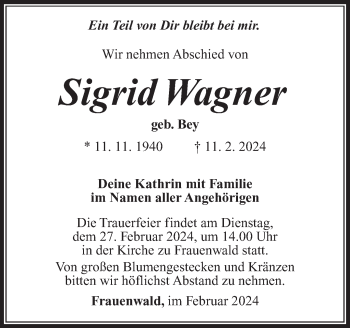 Traueranzeige von Sigrid Wagner von Südthüringer Presse