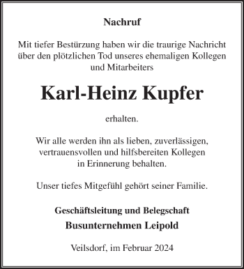 Traueranzeige von Karl-Heinz Kupfer von Südthüringer Presse
