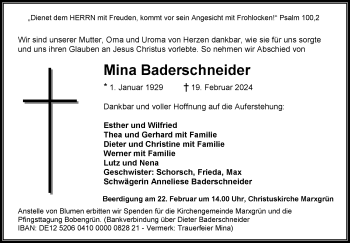 Traueranzeige von Mina Baderschneider von Frankenpost
