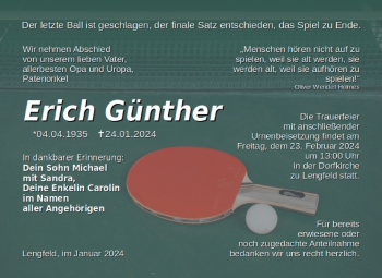 Traueranzeige von Erich Günther von Südthüringer Presse