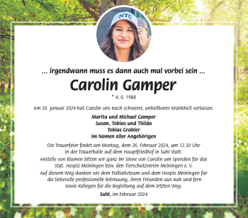 Traueranzeige von Carolin Gamper von Südthüringer Presse