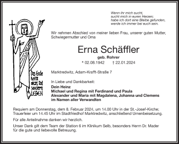 Traueranzeige von Erna Schäffler von Frankenpost